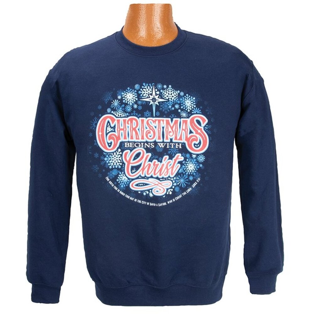 Christmas Begins With Christ, Crew Neck Sweatshirt, Blue, X-Large - Brand New